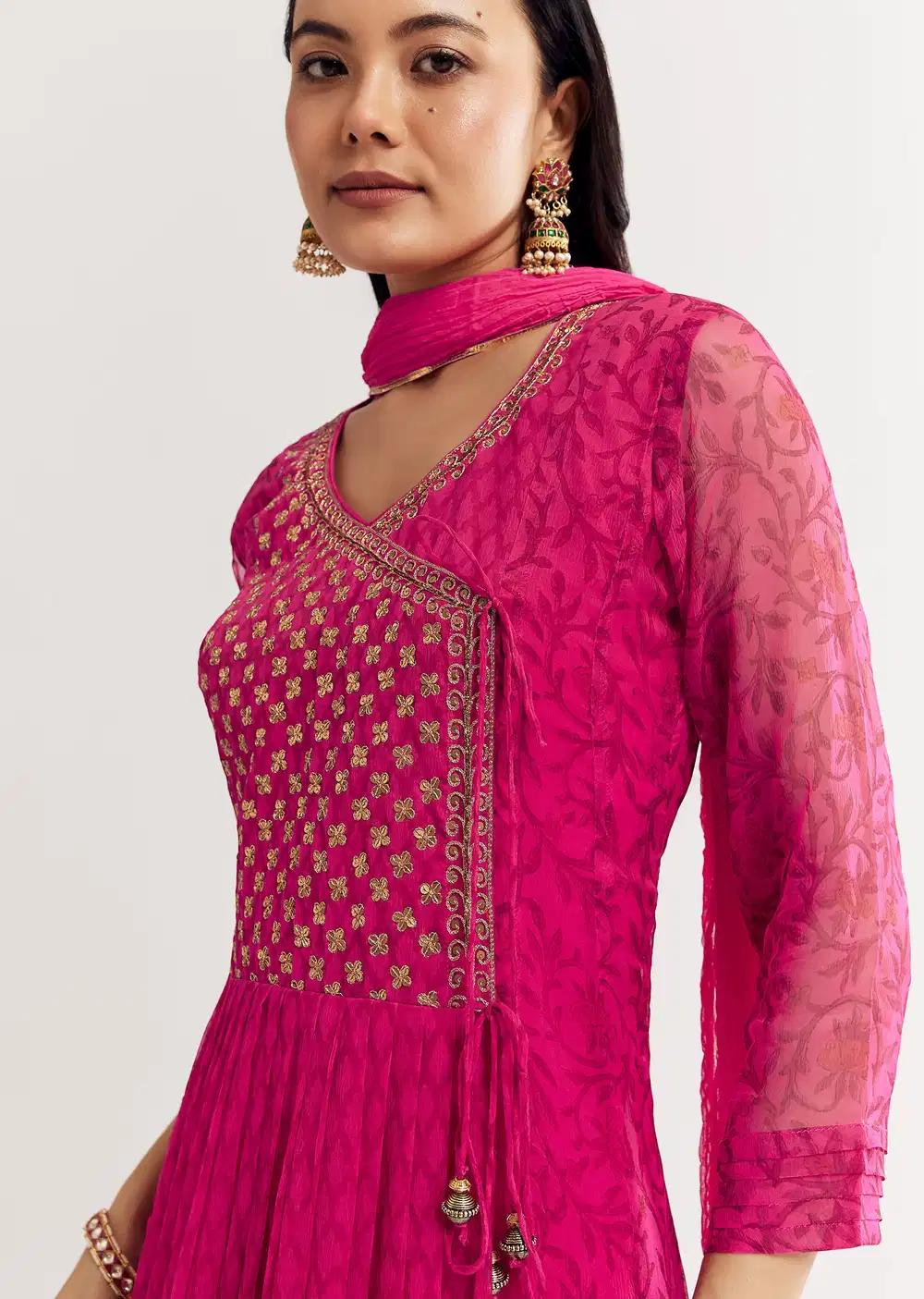 Pink Floral Chiffon Anarkali Kurta Ensemble With Dupatta Outfit