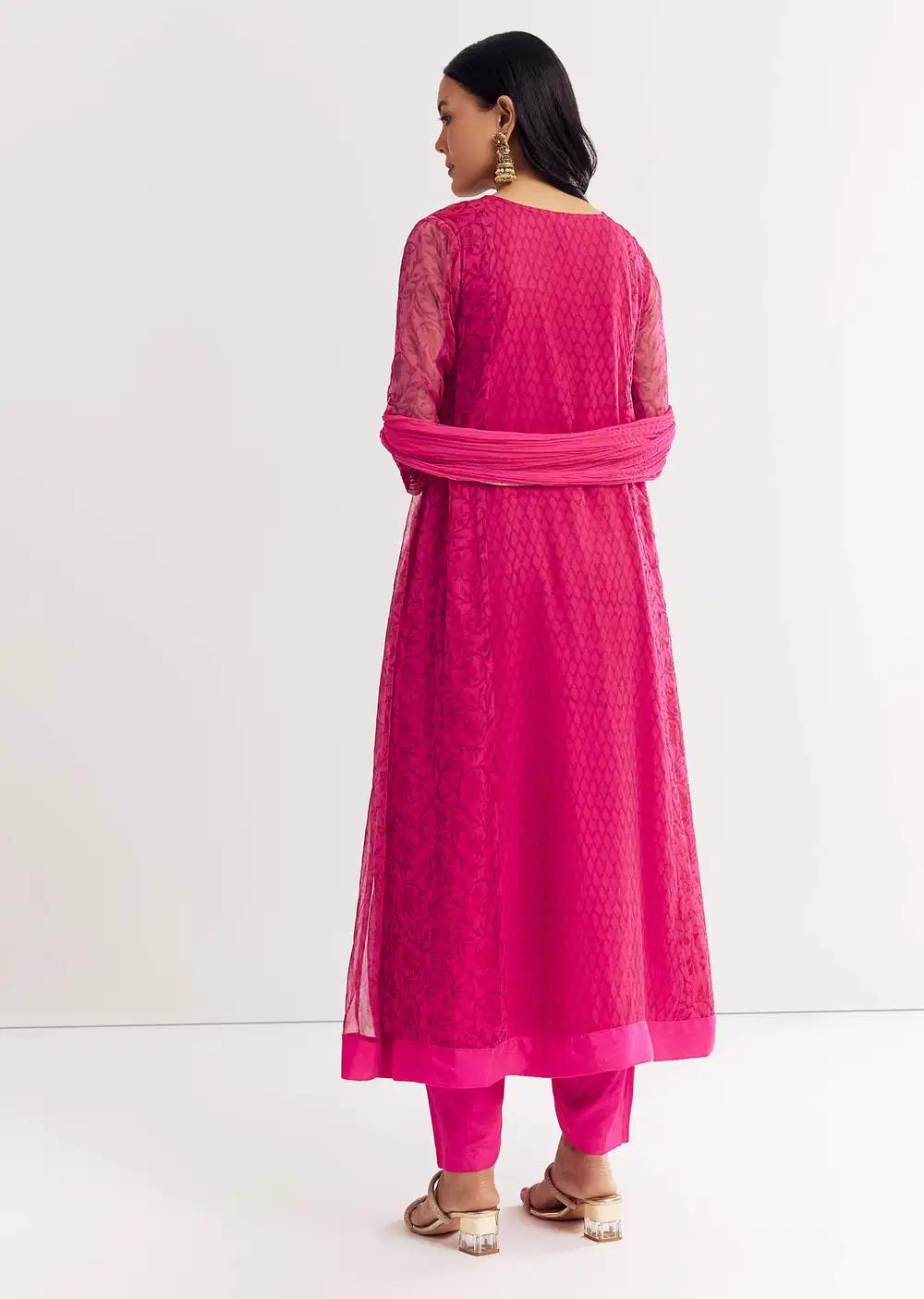 Pink Floral Chiffon Anarkali Kurta Ensemble With Dupatta Outfit