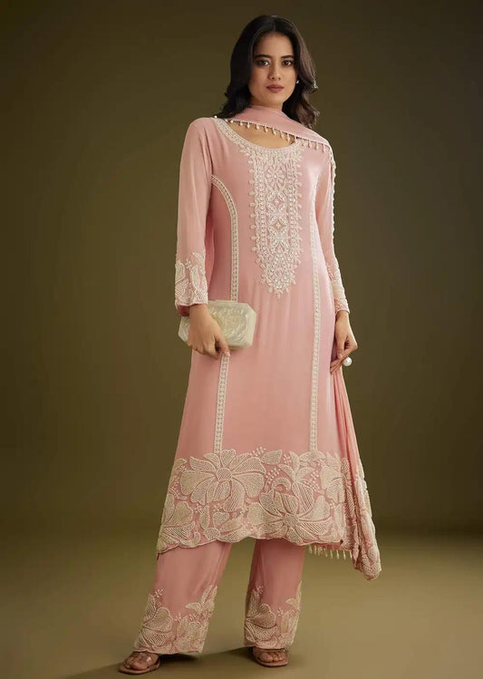 Pink Georgette Moti Work Asymmetrical Kurta Ensemble With Tassels Bordered Dupatta Outfit