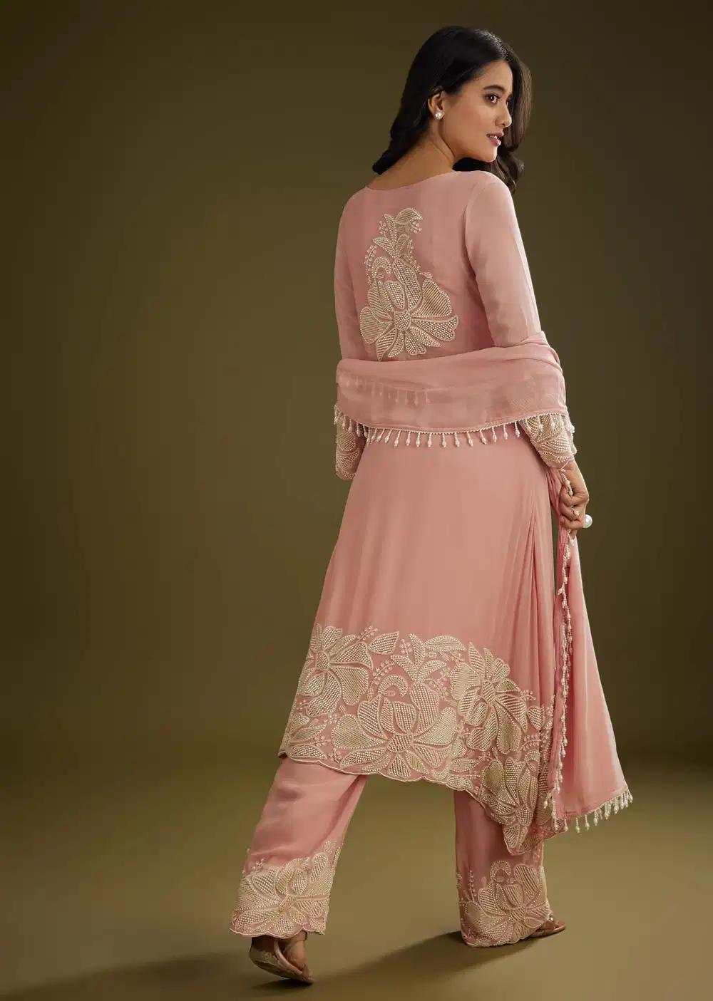 Pink Georgette Moti Work Asymmetrical Kurta Ensemble With Tassels Bordered Dupatta Outfit