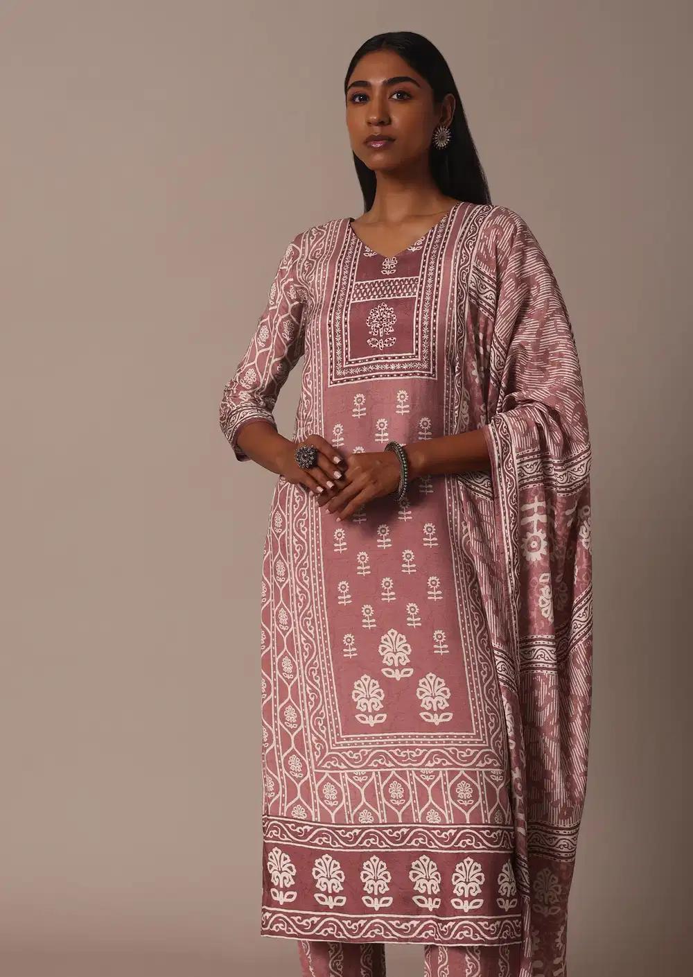 Pink Printed Kurti Pant Ensemble With Embroidered Detail