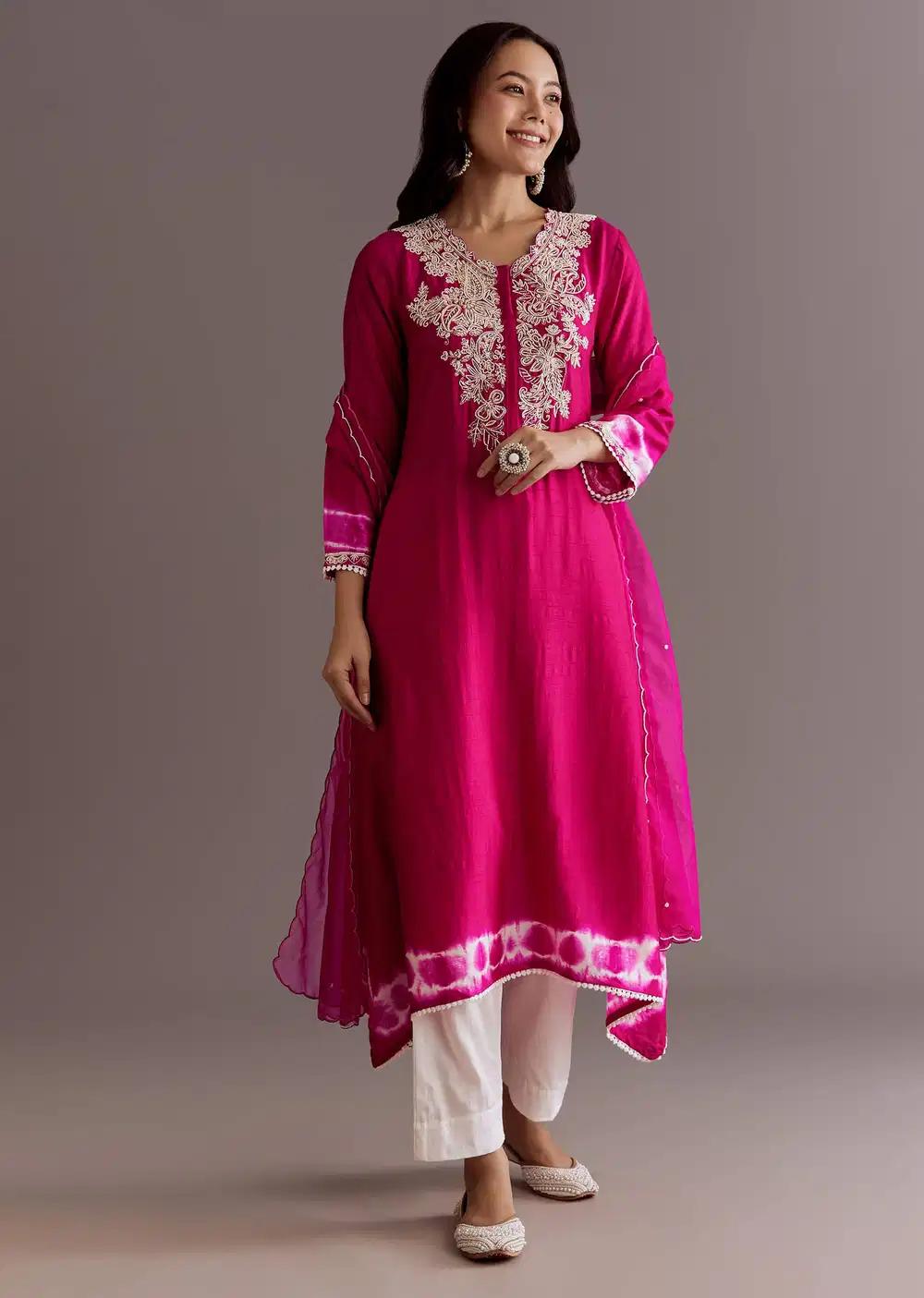 Pink Silk Moti Embroidered Kurta Ensemble With Organza Dupatta Outfit
