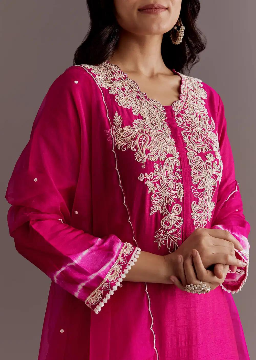 Pink Silk Moti Embroidered Kurta Ensemble With Organza Dupatta Outfit
