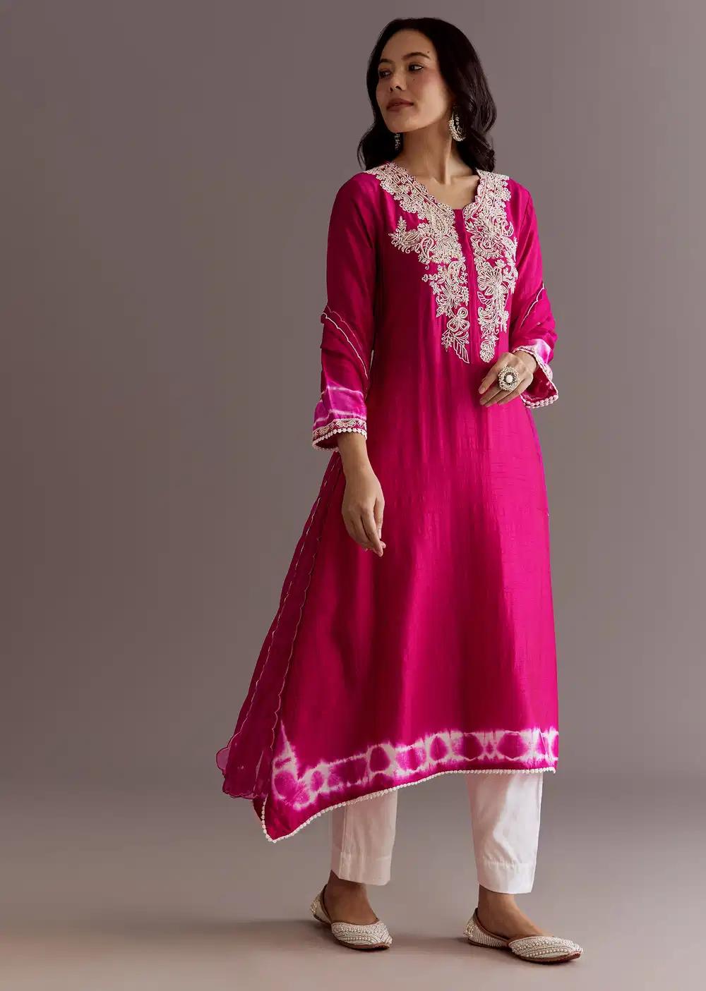 Pink Silk Moti Embroidered Kurta Ensemble With Organza Dupatta Outfit