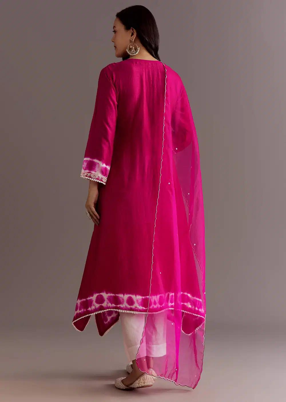 Pink Silk Moti Embroidered Kurta Ensemble With Organza Dupatta Outfit