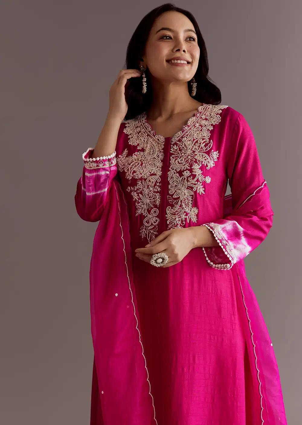 Pink Silk Moti Embroidered Kurta Ensemble With Organza Dupatta Outfit