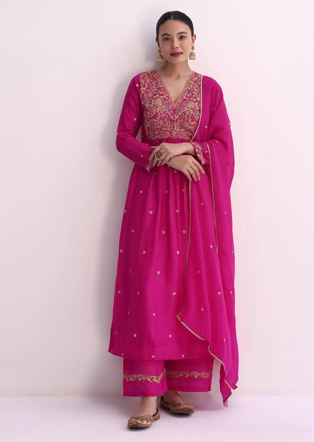 Pink Silk Palazzo Ensemble With Zari Embroidered A Line Kurta And Dupatta Outfit