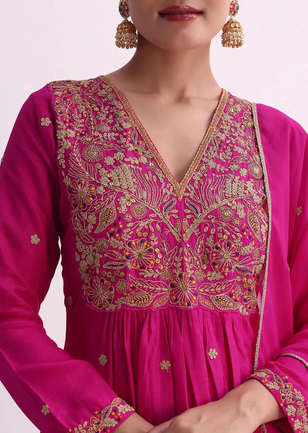 Pink Silk Palazzo Ensemble With Zari Embroidered A Line Kurta And Dupatta Outfit