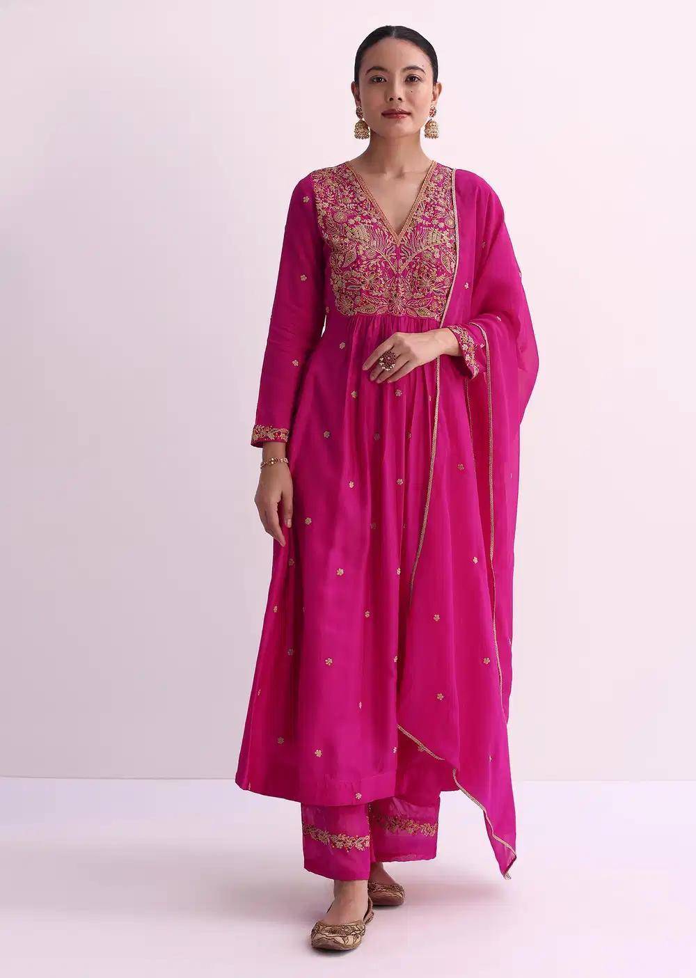 Pink Silk Palazzo Ensemble With Zari Embroidered A Line Kurta And Dupatta Outfit