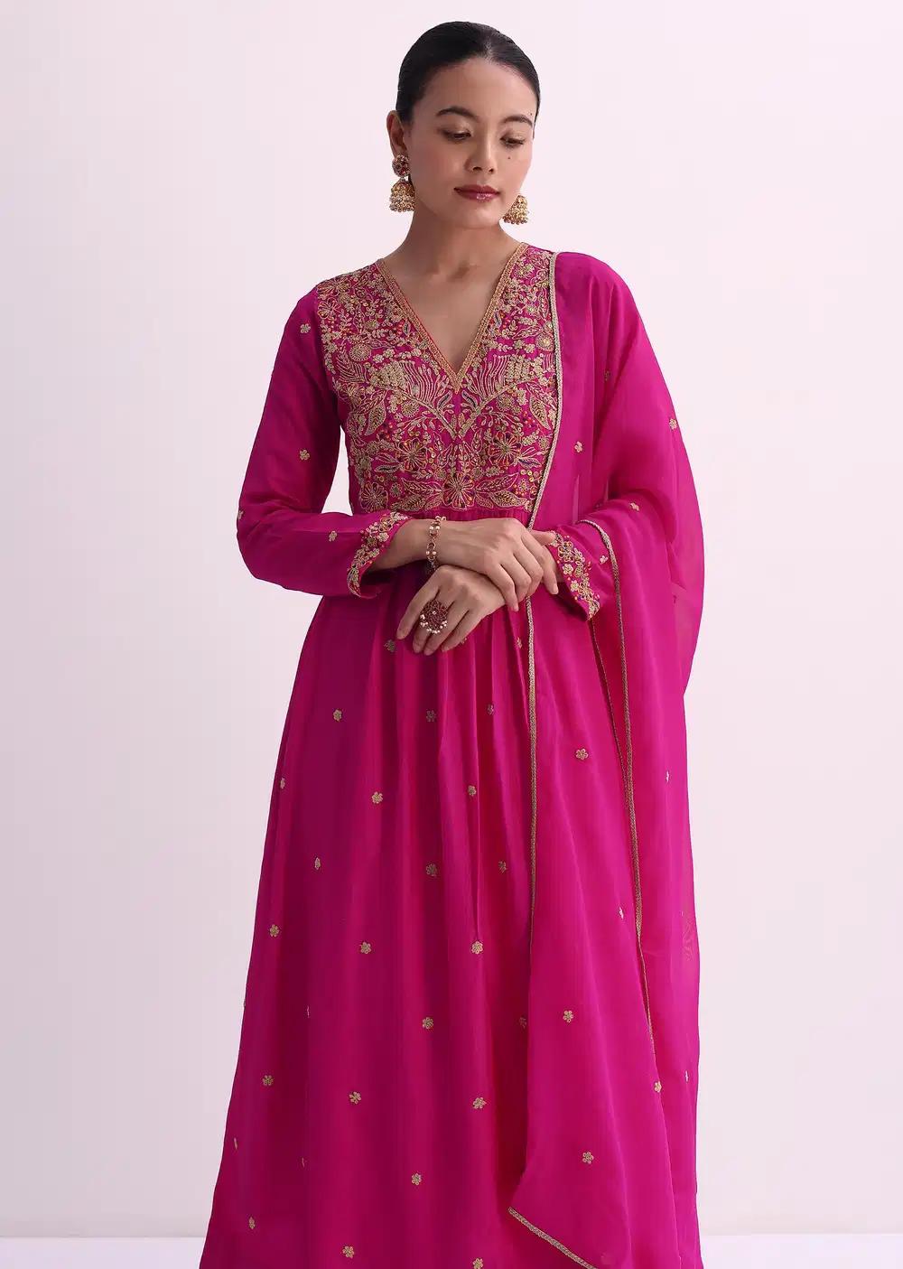 Pink Silk Palazzo Ensemble With Zari Embroidered A Line Kurta And Dupatta Outfit