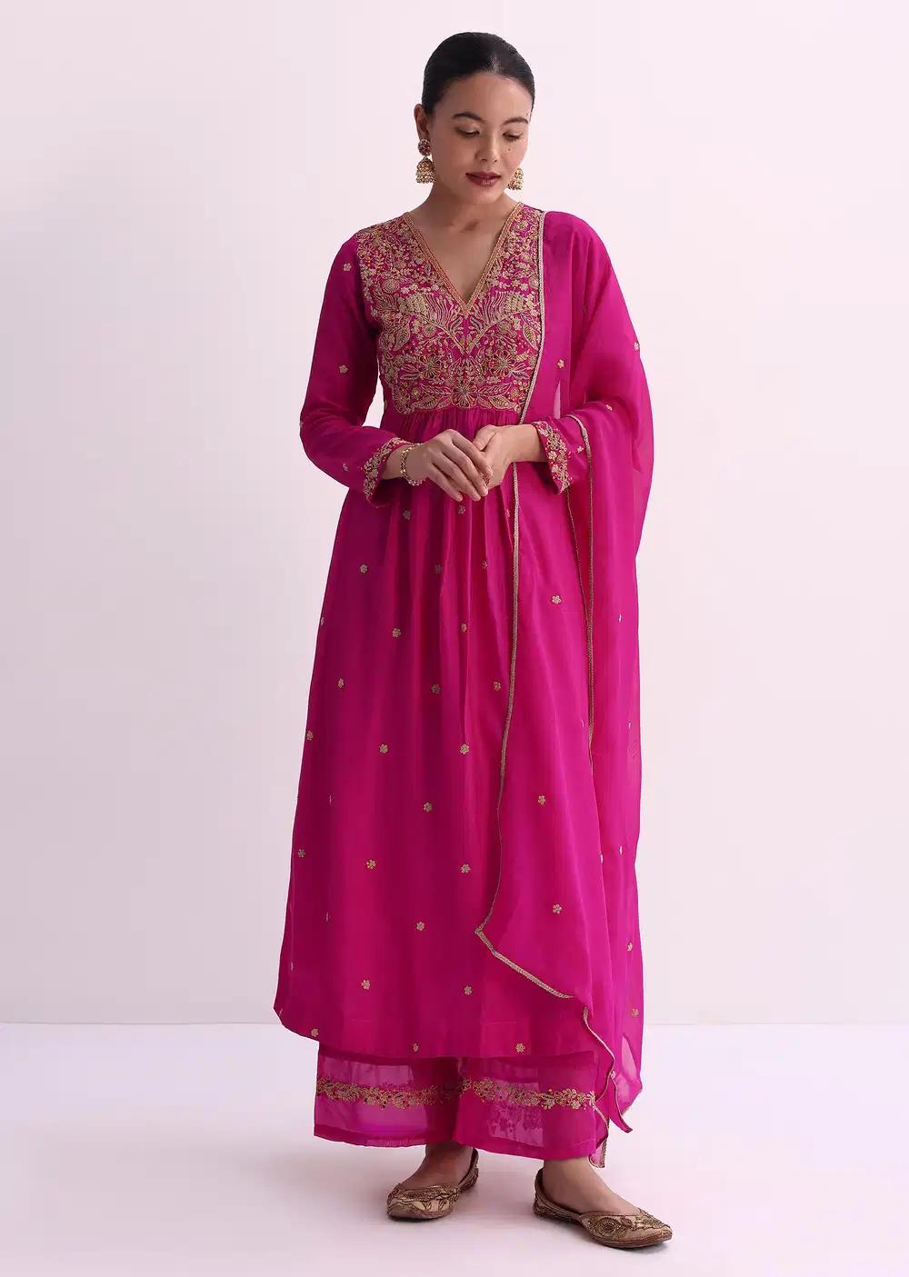 Pink Silk Palazzo Ensemble With Zari Embroidered A Line Kurta And Dupatta Outfit