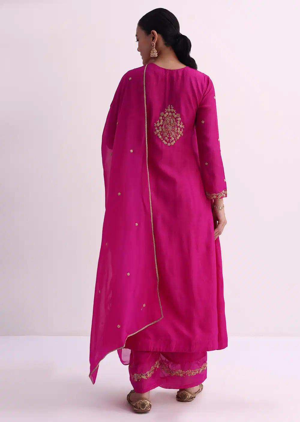 Pink Silk Palazzo Ensemble With Zari Embroidered A Line Kurta And Dupatta Outfit