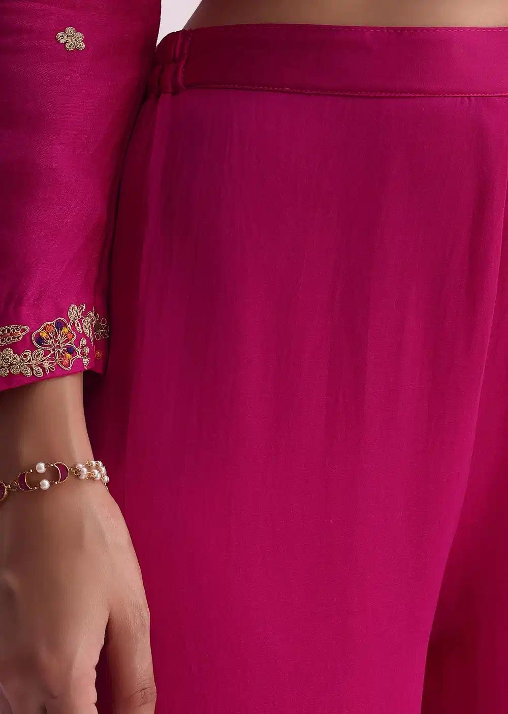 Pink Silk Palazzo Ensemble With Zari Embroidered A Line Kurta And Dupatta Outfit