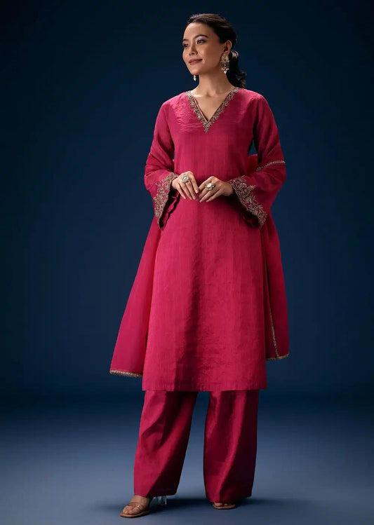 Pink V Neck Embroidered Kurta Ensemble With Dupatta Outfit