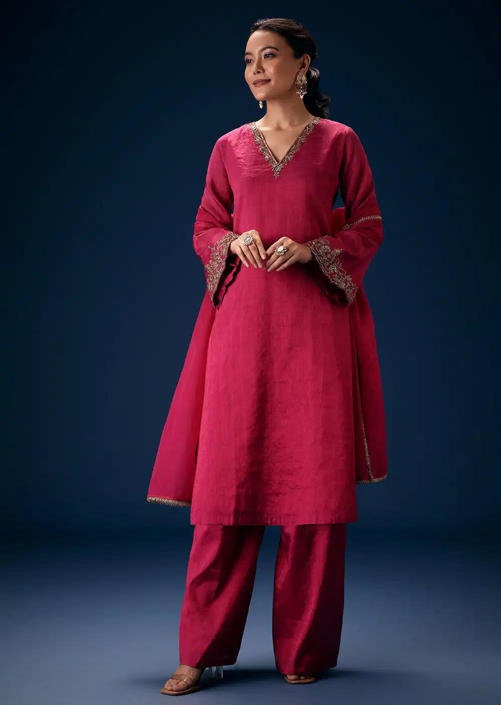 Pink V Neck Embroidered Kurta Ensemble With Dupatta Outfit