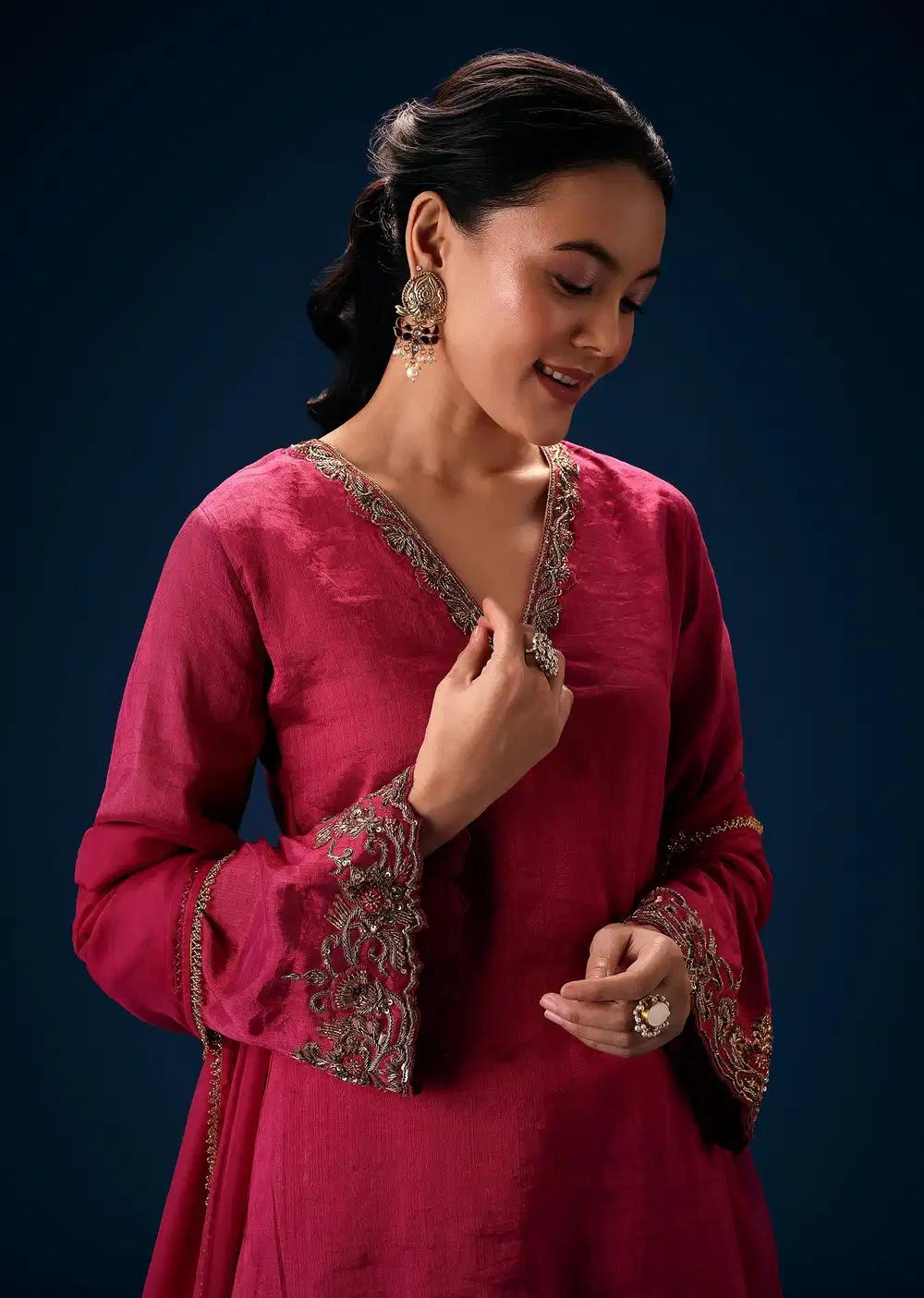 Pink V Neck Embroidered Kurta Ensemble With Dupatta Outfit
