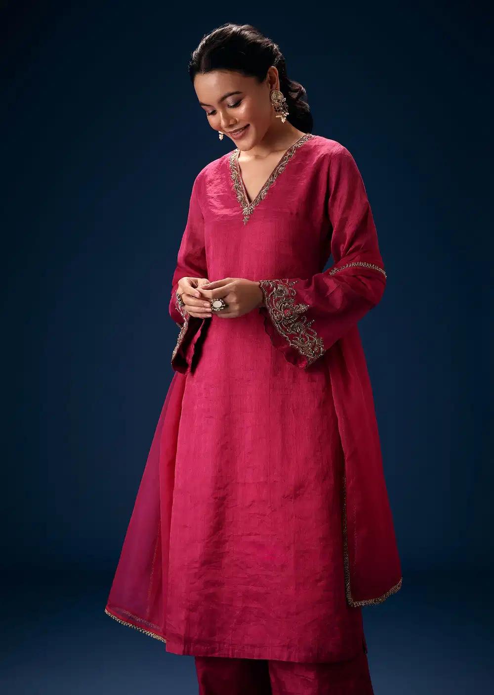 Pink V Neck Embroidered Kurta Ensemble With Dupatta Outfit