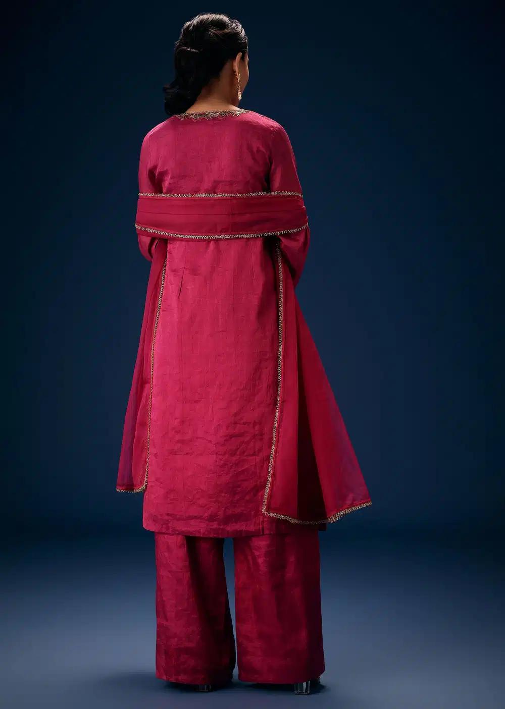 Pink V Neck Embroidered Kurta Ensemble With Dupatta Outfit