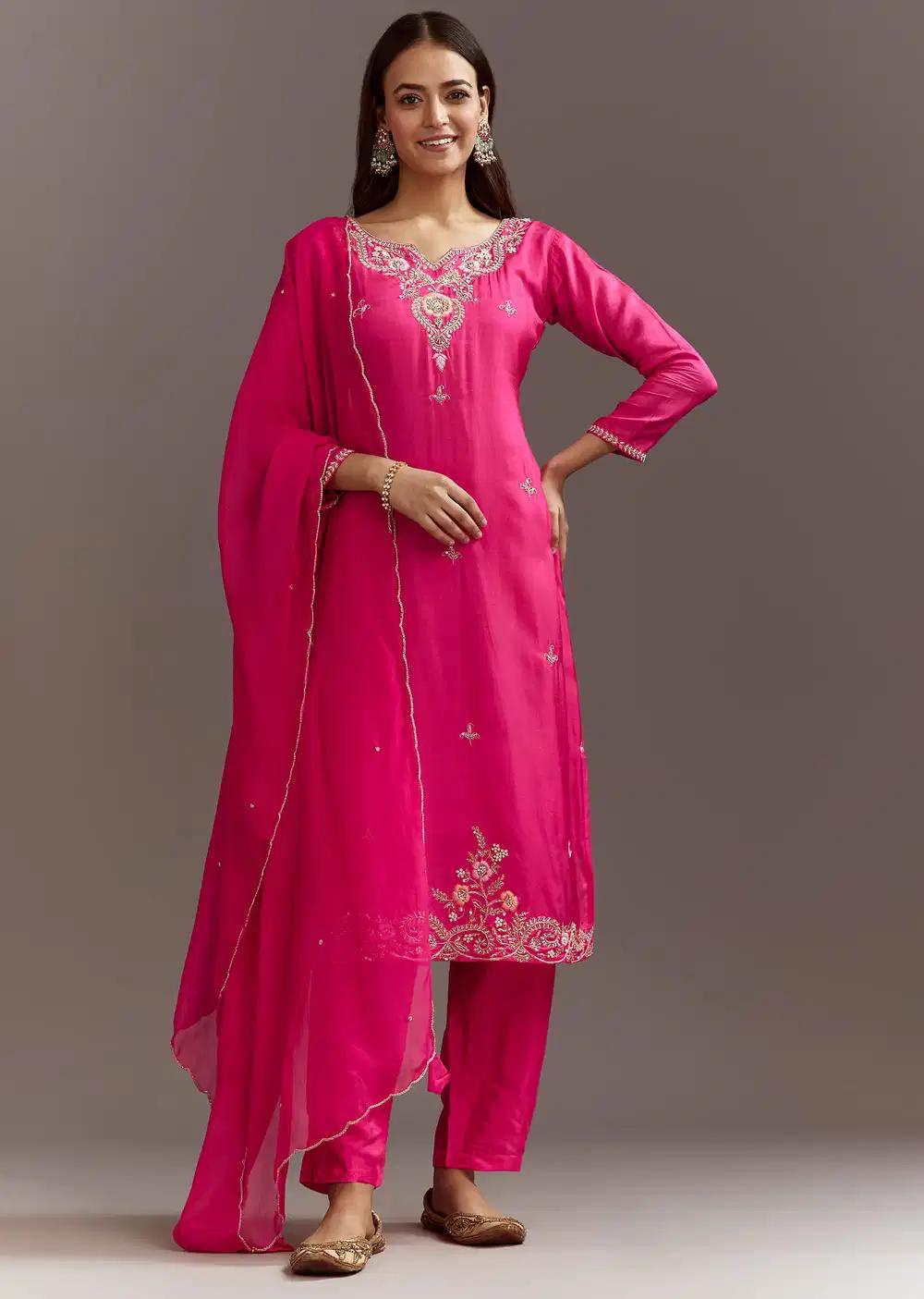 Pink Zardosi Silk Kurta Ensemble With Cutdana Organza Dupatta Outfit
