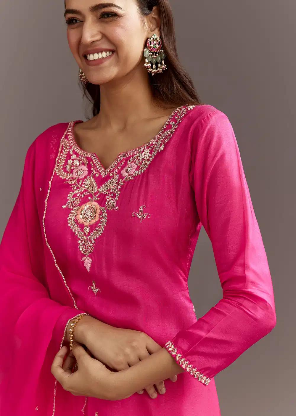 Pink Zardosi Silk Kurta Ensemble With Cutdana Organza Dupatta Outfit