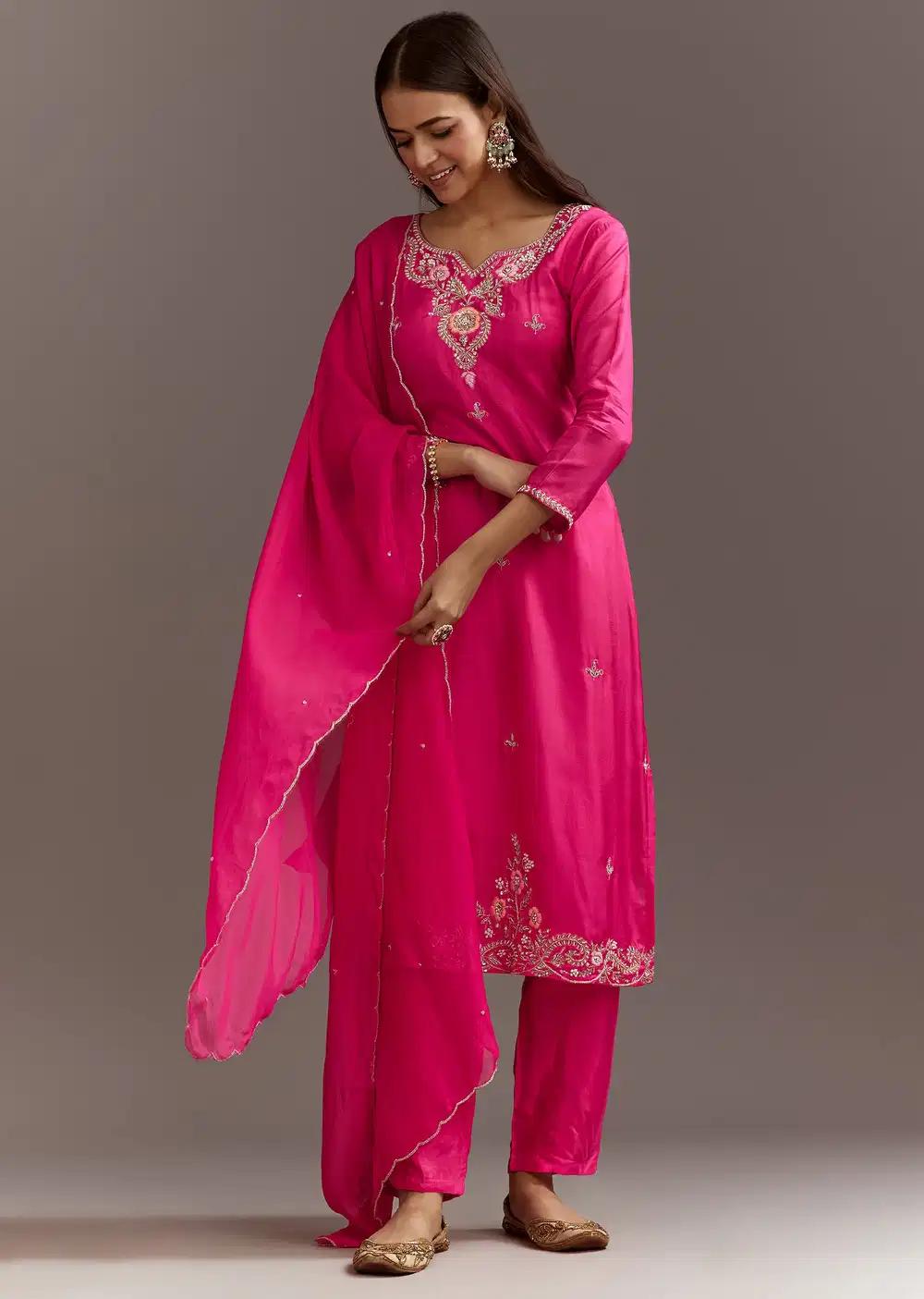 Pink Zardosi Silk Kurta Ensemble With Cutdana Organza Dupatta Outfit