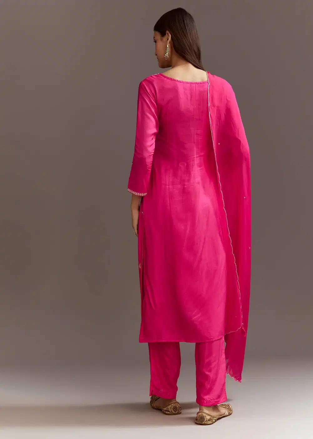 Pink Zardosi Silk Kurta Ensemble With Cutdana Organza Dupatta Outfit