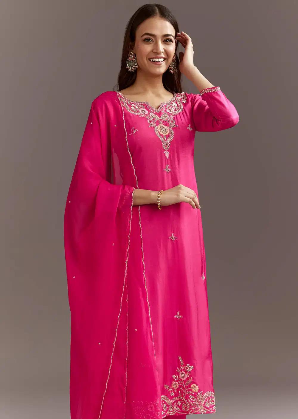 Pink Zardosi Silk Kurta Ensemble With Cutdana Organza Dupatta Outfit