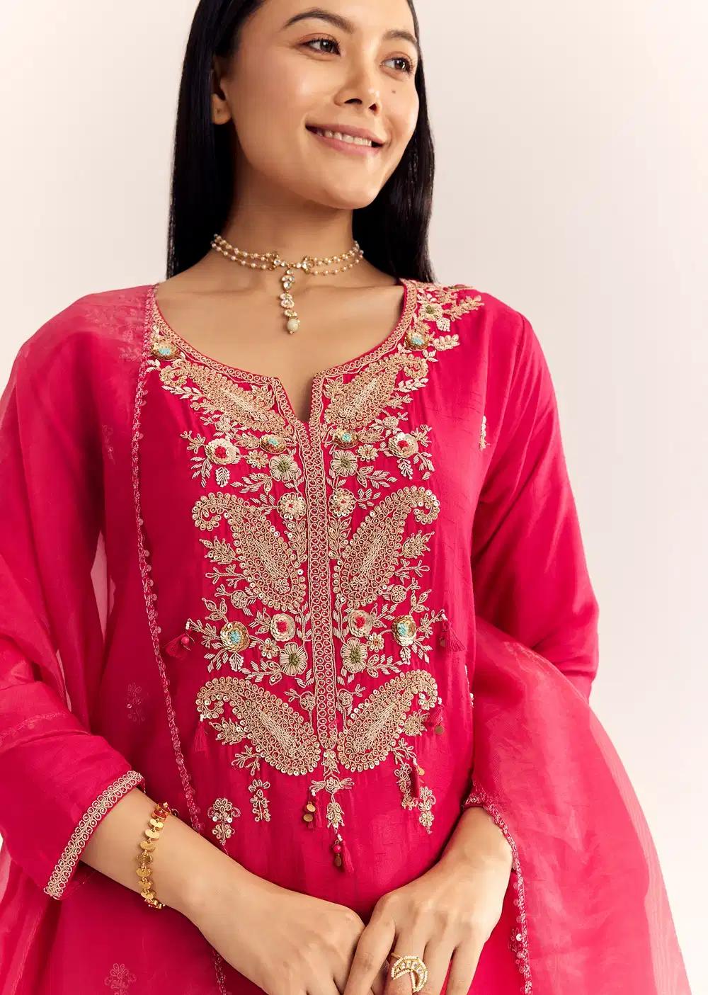 Pink Zardosi Work Dola Silk Kurta Pant With Organza Dupatta Outfit