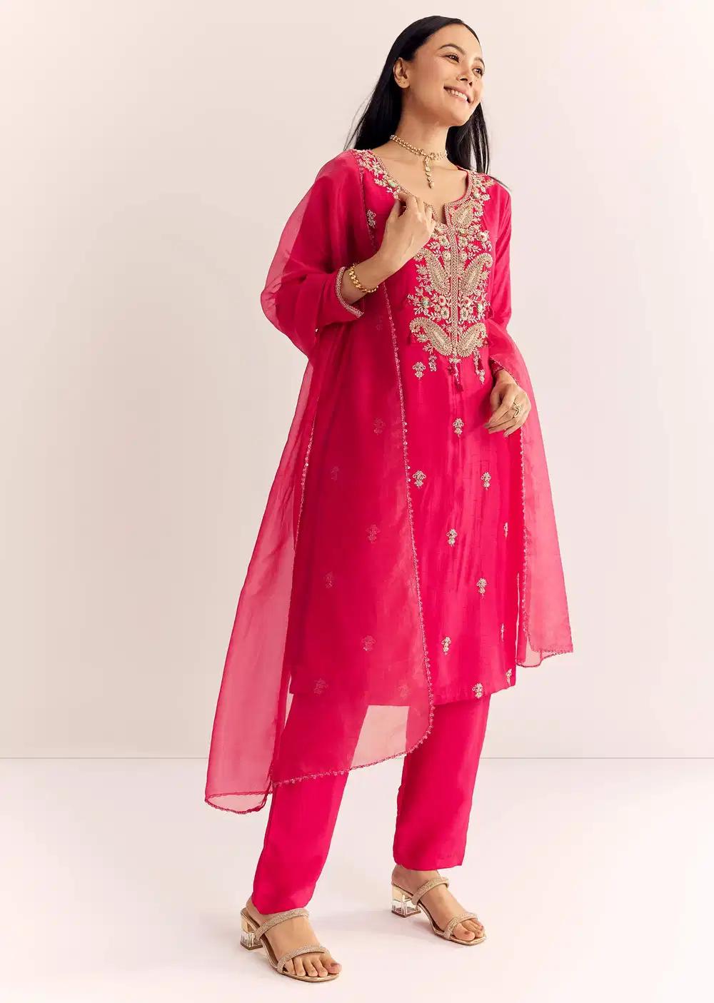 Pink Zardosi Work Dola Silk Kurta Pant With Organza Dupatta Outfit