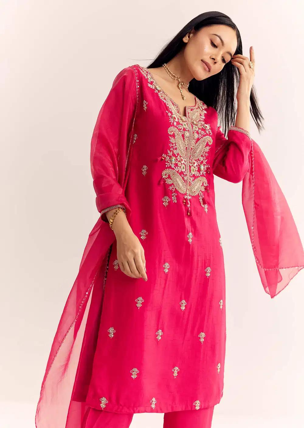 Pink Zardosi Work Dola Silk Kurta Pant With Organza Dupatta Outfit