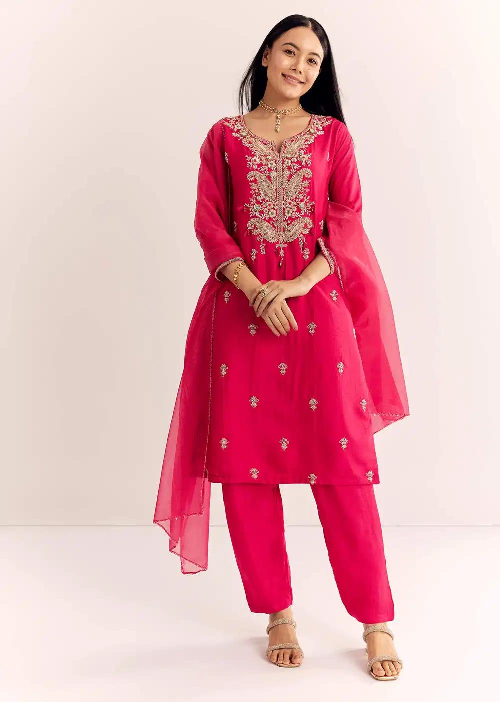Pink Zardosi Work Dola Silk Kurta Pant With Organza Dupatta Outfit