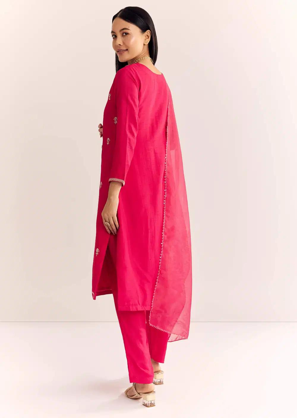 Pink Zardosi Work Dola Silk Kurta Pant With Organza Dupatta Outfit