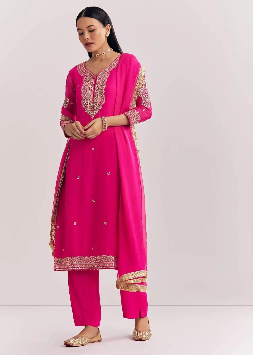 Pink Zari Work Kurta Ensemble With Chiffon Dupatta Outfit