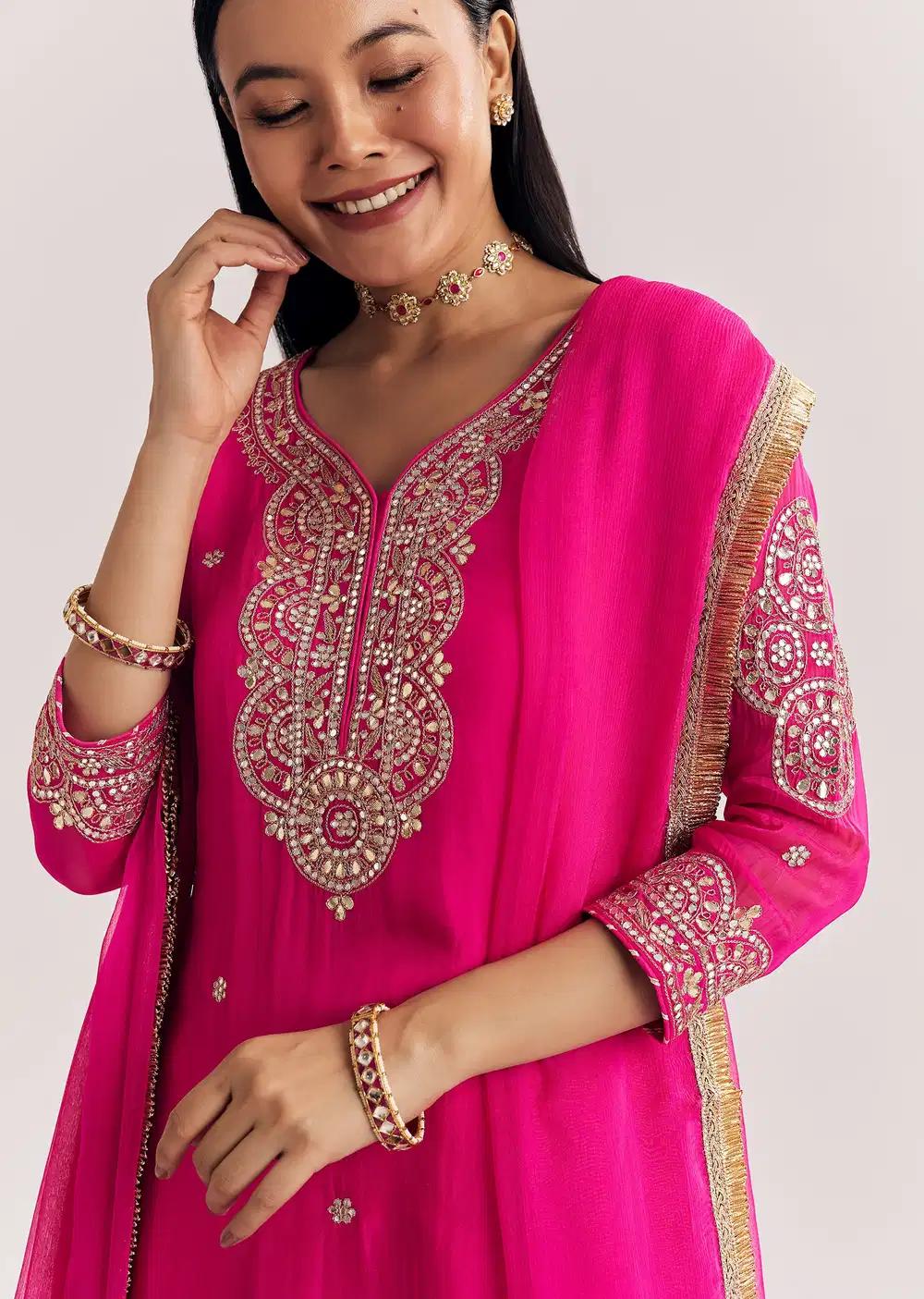 Pink Zari Work Kurta Ensemble With Chiffon Dupatta Outfit