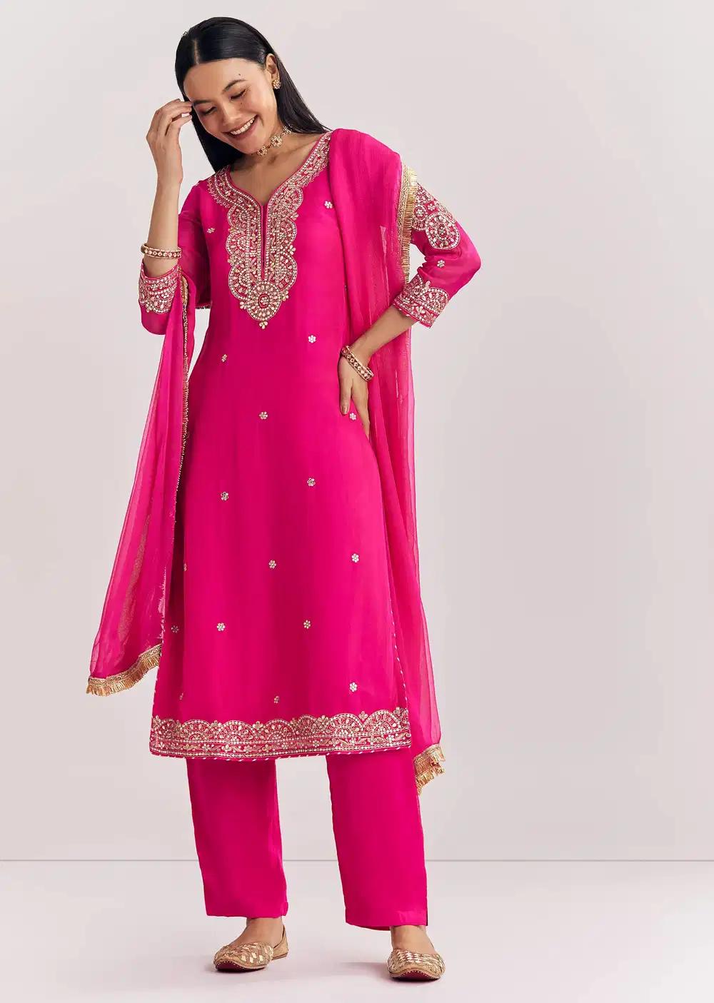 Pink Zari Work Kurta Ensemble With Chiffon Dupatta Outfit