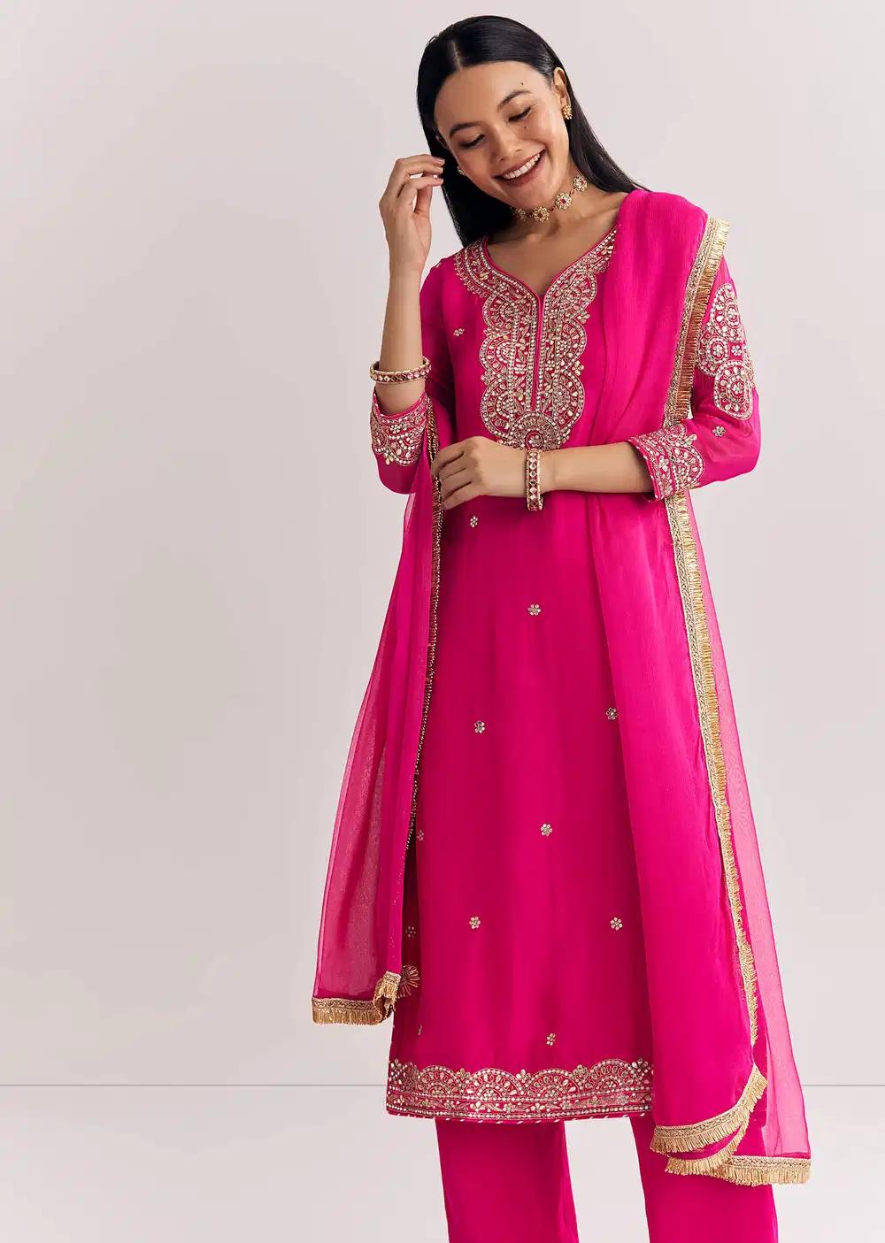 Pink Zari Work Kurta Ensemble With Chiffon Dupatta Outfit