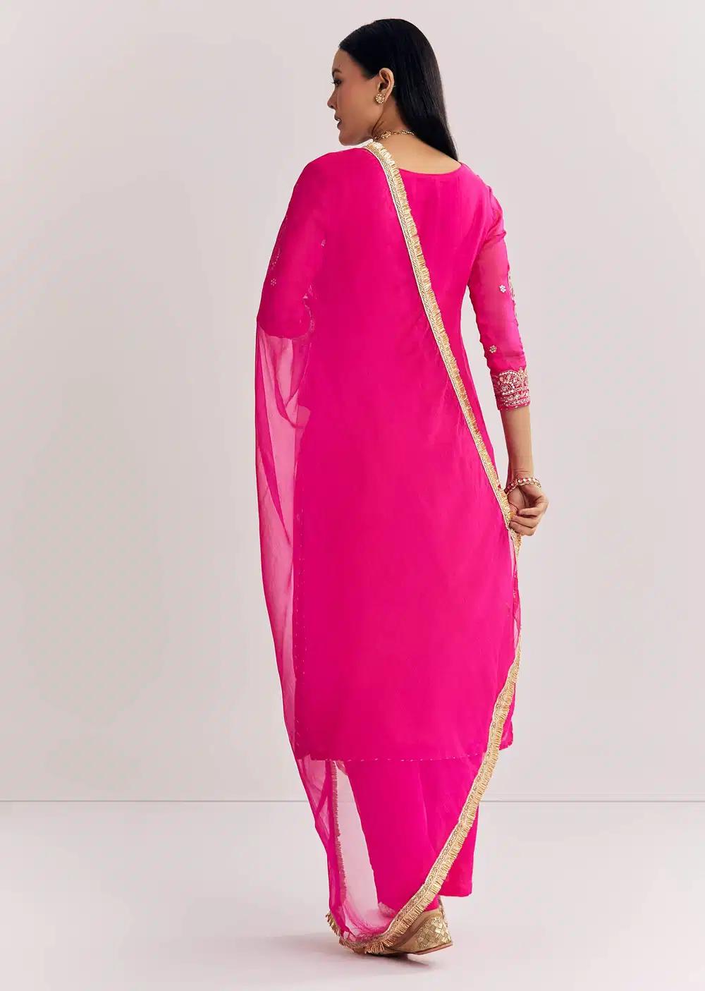 Pink Zari Work Kurta Ensemble With Chiffon Dupatta Outfit
