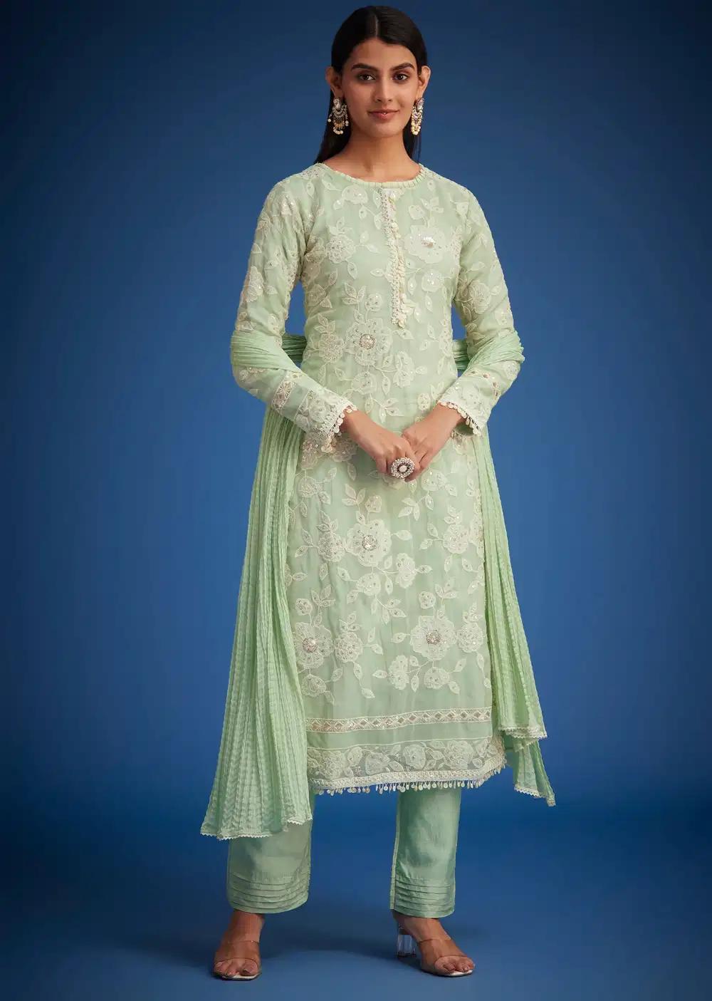 Pista Green Organza Embroidered Straight Kurta Ensemble Outfit