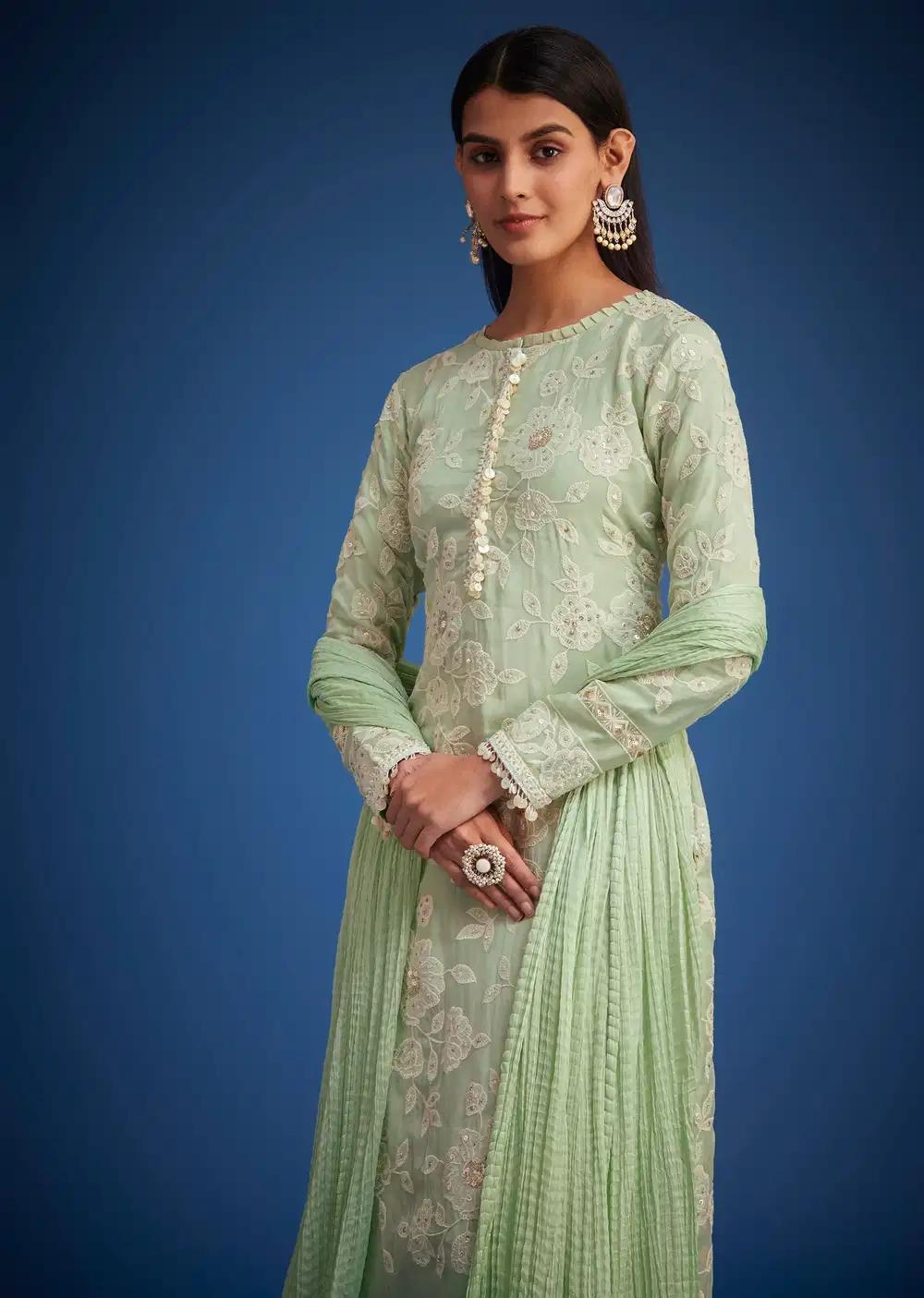 Pista Green Organza Embroidered Straight Kurta Ensemble Outfit