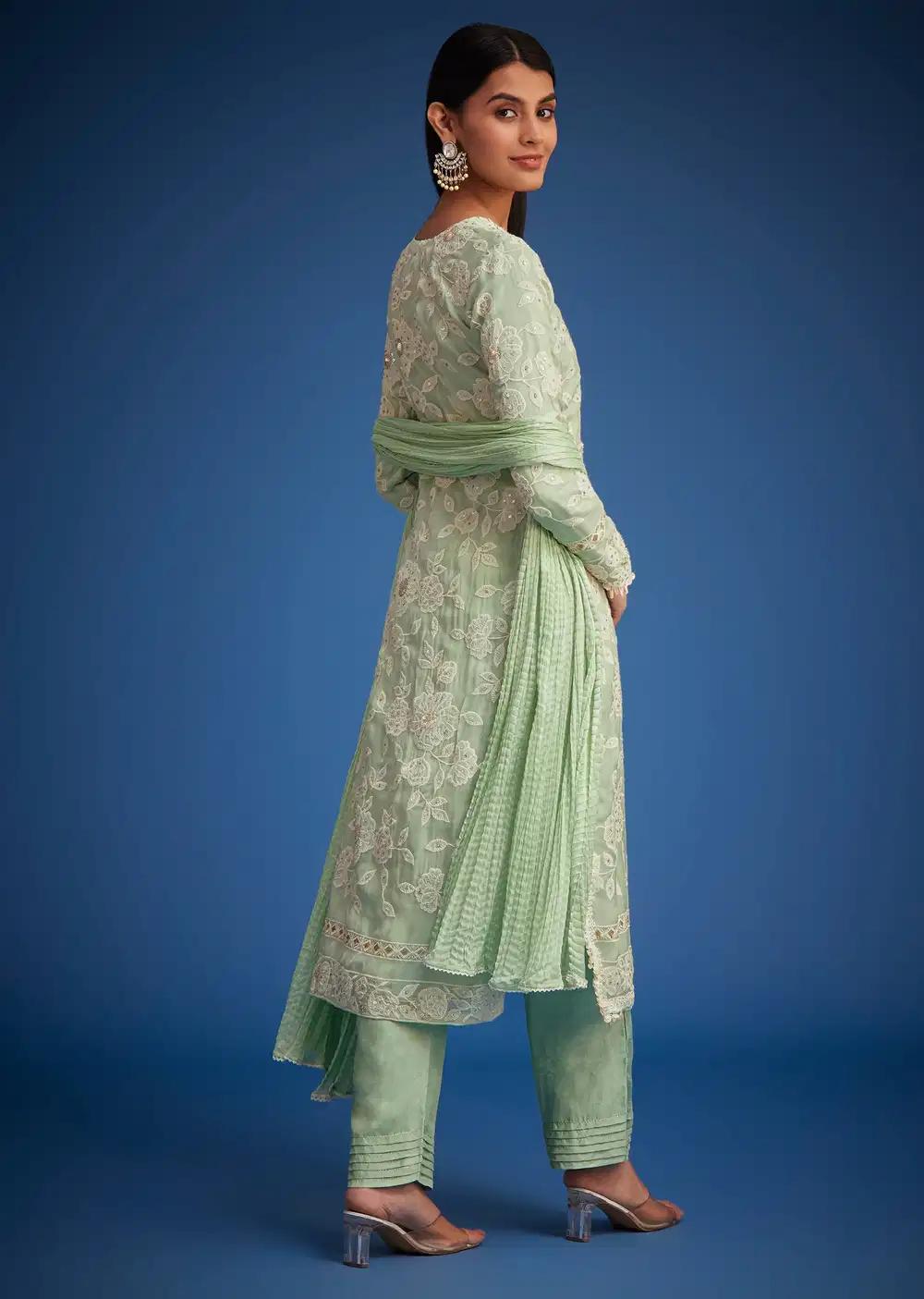 Pista Green Organza Embroidered Straight Kurta Ensemble Outfit