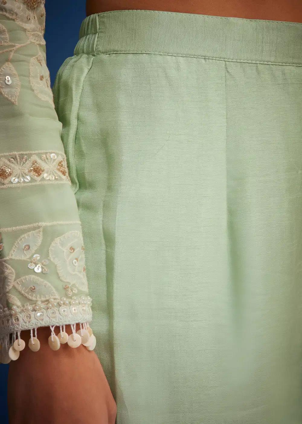 Pista Green Organza Embroidered Straight Kurta Ensemble Outfit