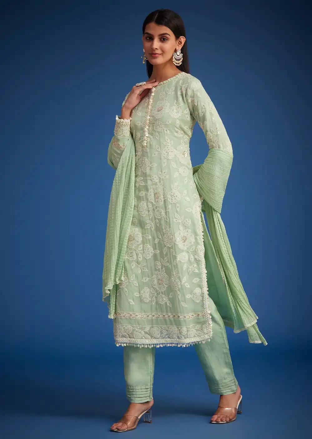 Pista Green Organza Embroidered Straight Kurta Ensemble Outfit