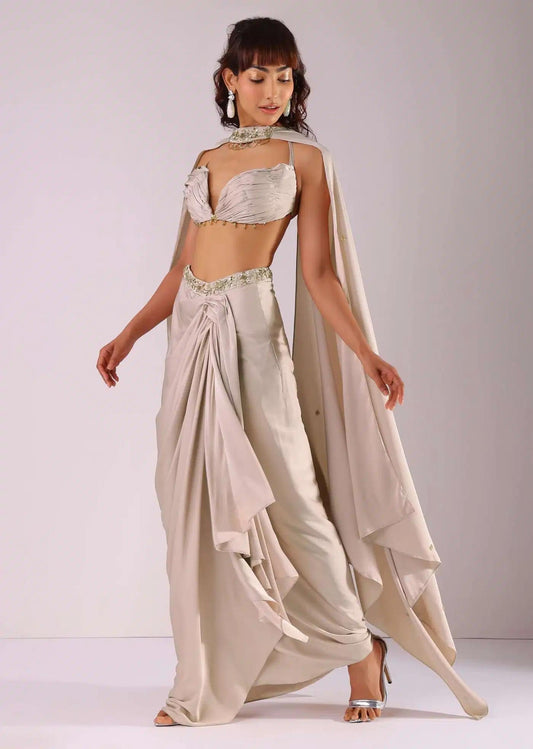 Pleated Beige Skirt Set With Choker Dupatta And Top Embroidery