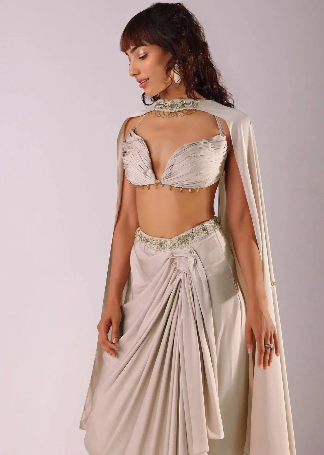 Pleated Beige Skirt Set With Choker Dupatta And Top Embroidery