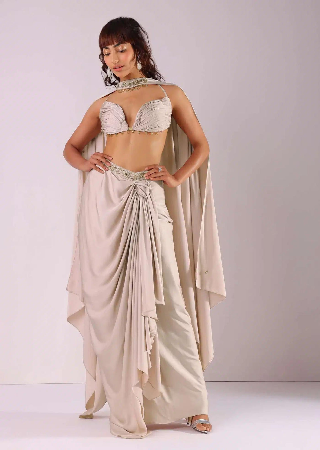 Pleated Beige Skirt Set With Choker Dupatta And Top Embroidery