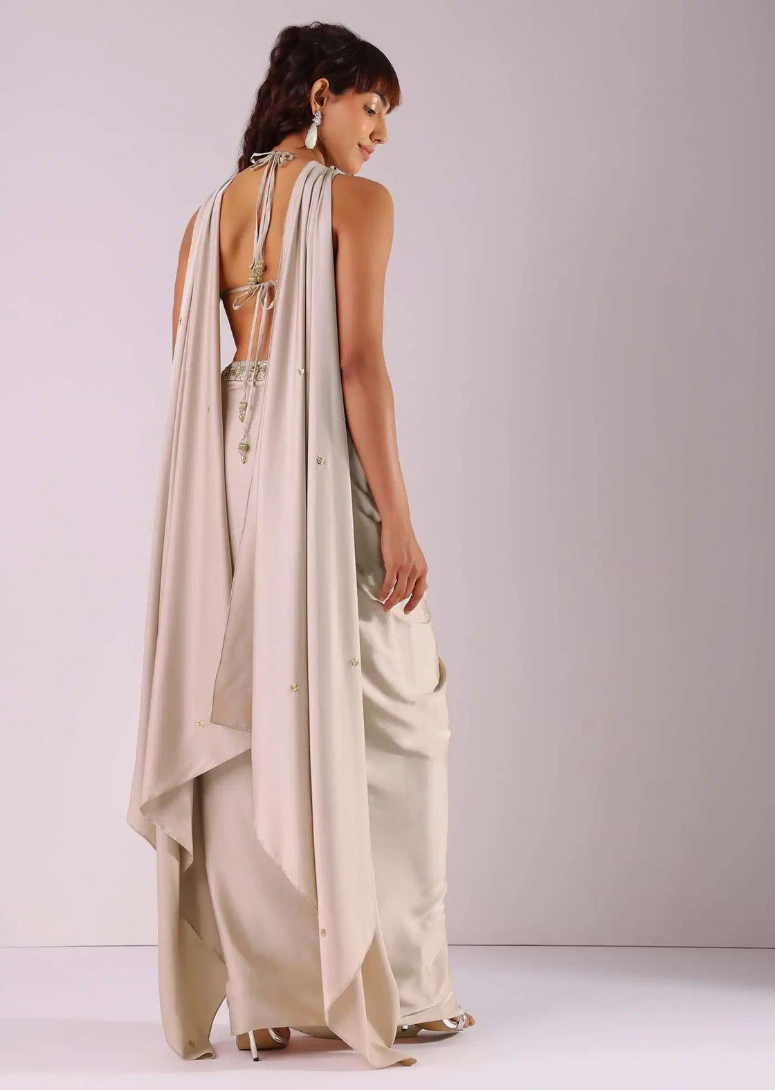 Pleated Beige Skirt Set With Choker Dupatta And Top Embroidery