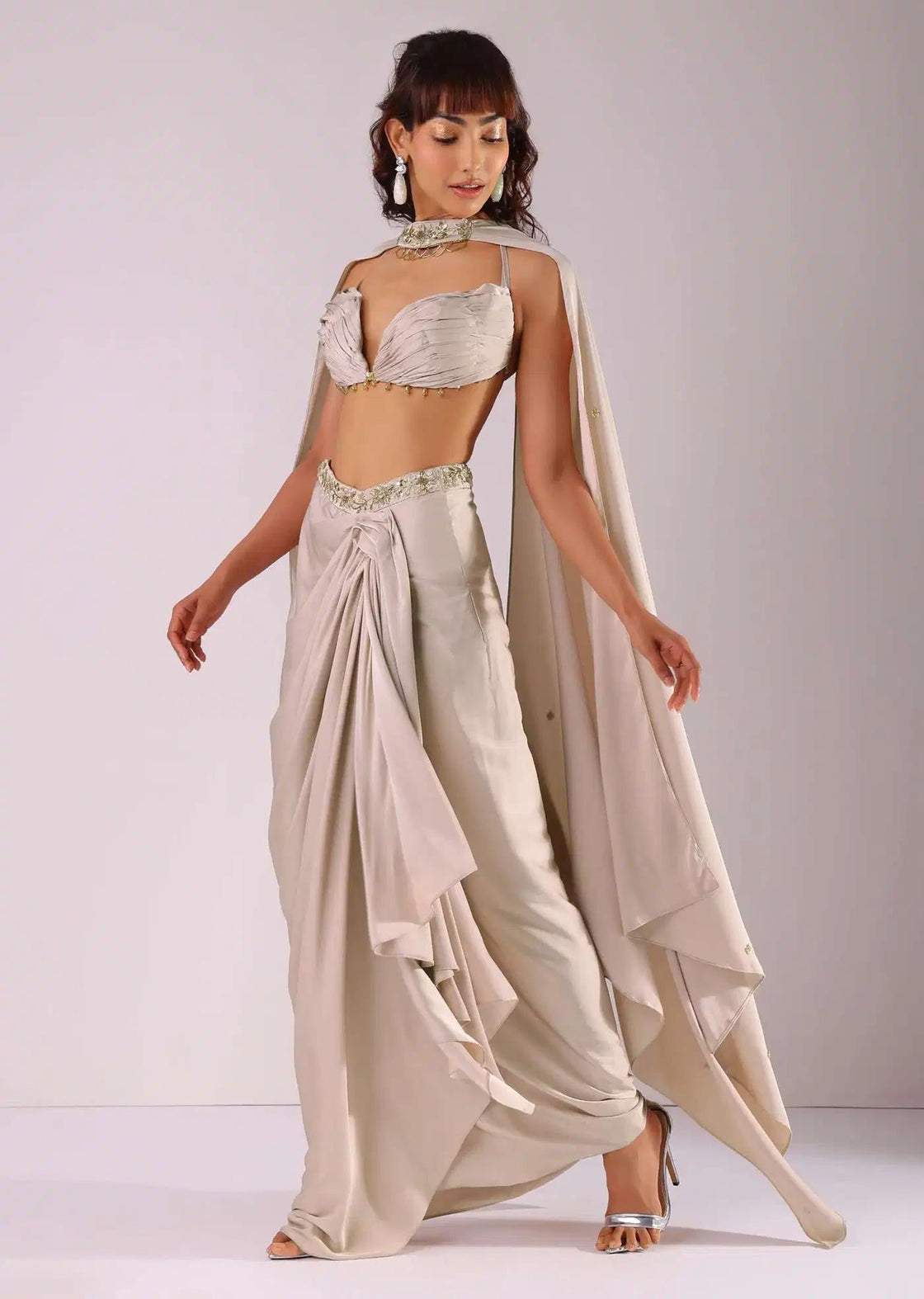 Pleated Beige Skirt Set With Choker Dupatta And Top Embroidery