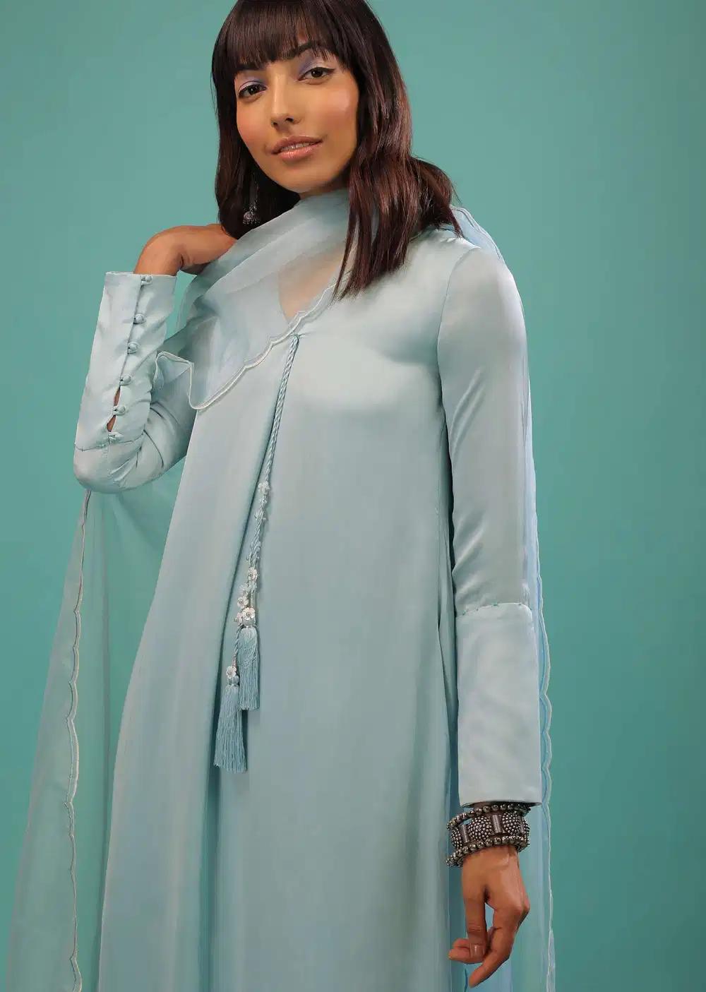 Powder Blue Bemberg Silk Kurti Suit With Dupatta And Pants