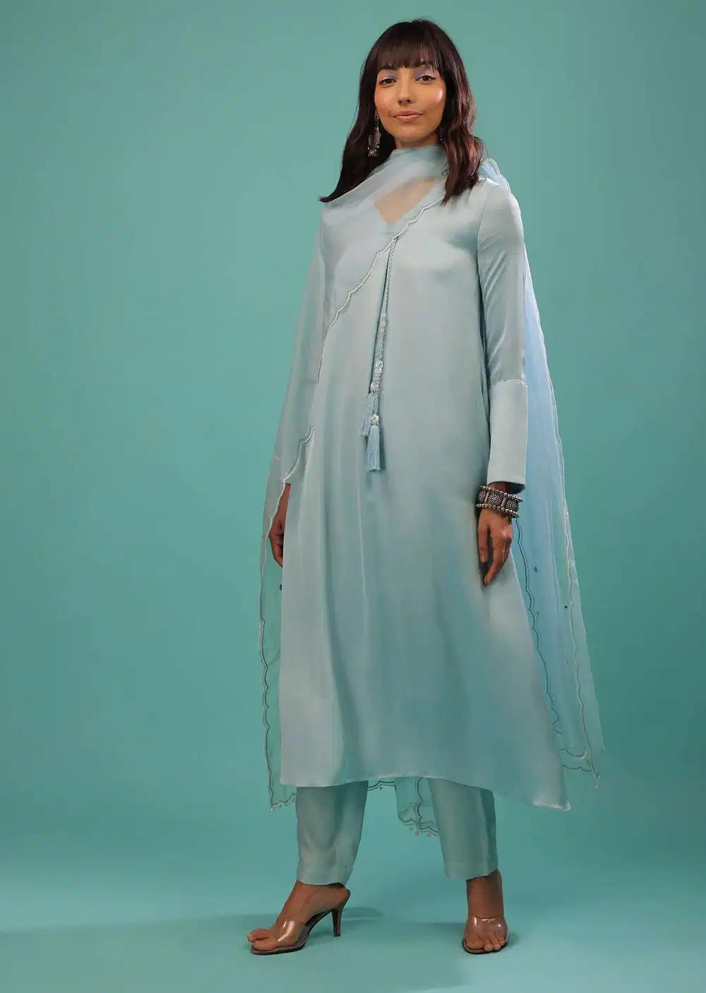 Powder Blue Bemberg Silk Kurti Suit With Dupatta And Pants