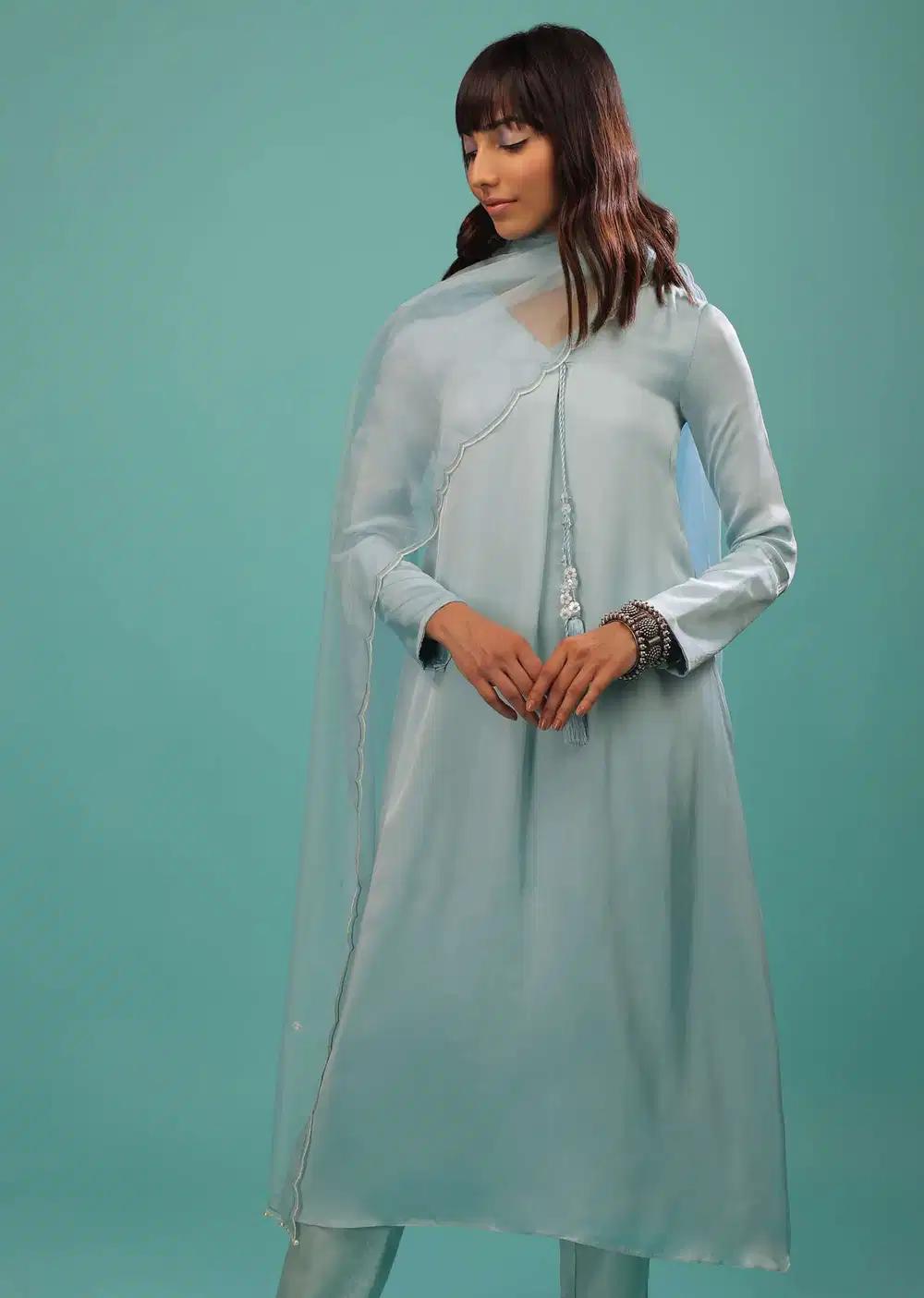 Powder Blue Bemberg Silk Kurti Suit With Dupatta And Pants